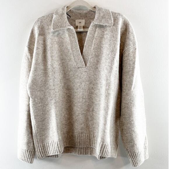 H&M Fine Knit Long Sleeve Polo Collared Pullover Sweater Tan Beige XS - Picture 3 of 5